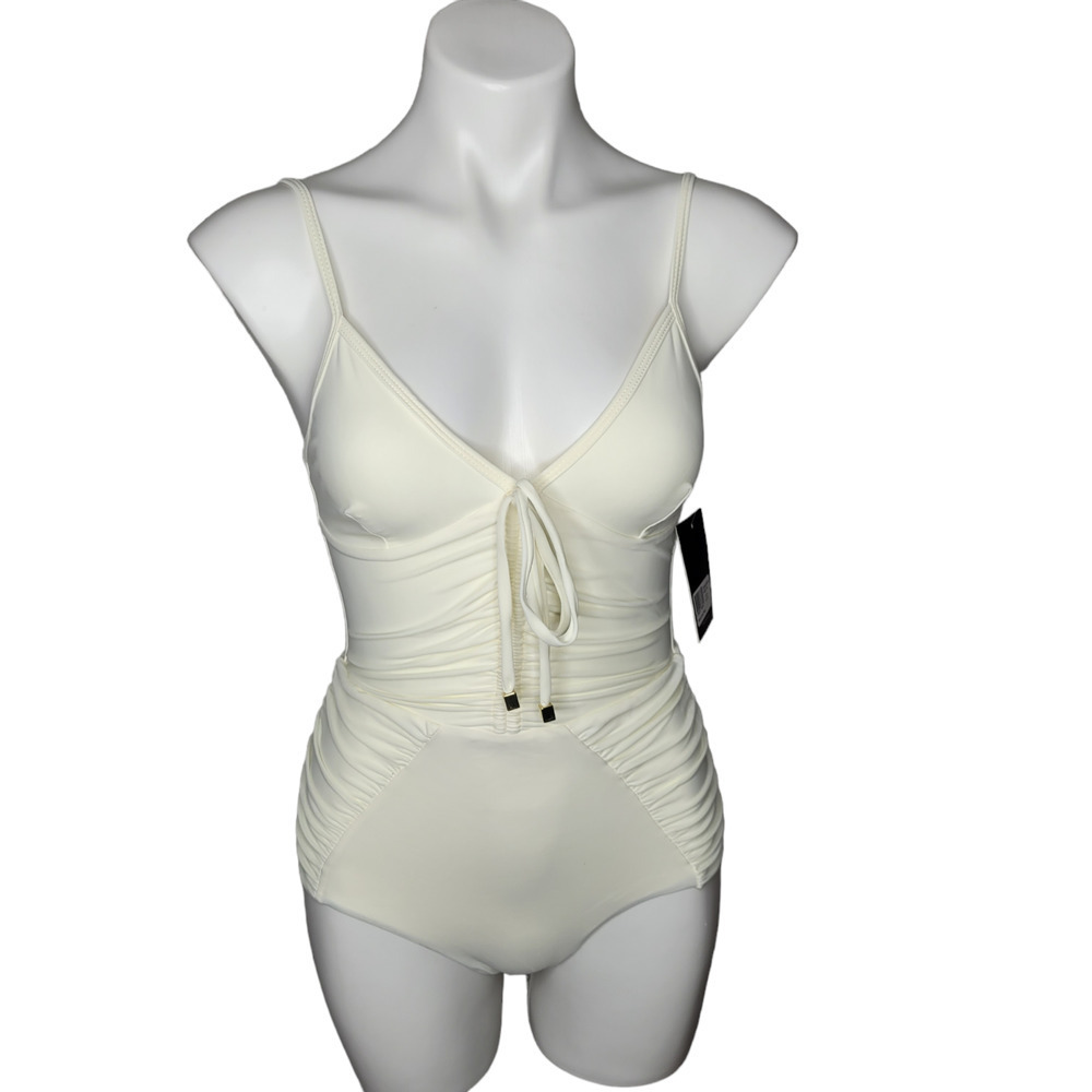 NWT Nicholas Fatima Shirred One-Piece Swimsuit White beige Tie Size XS ruched